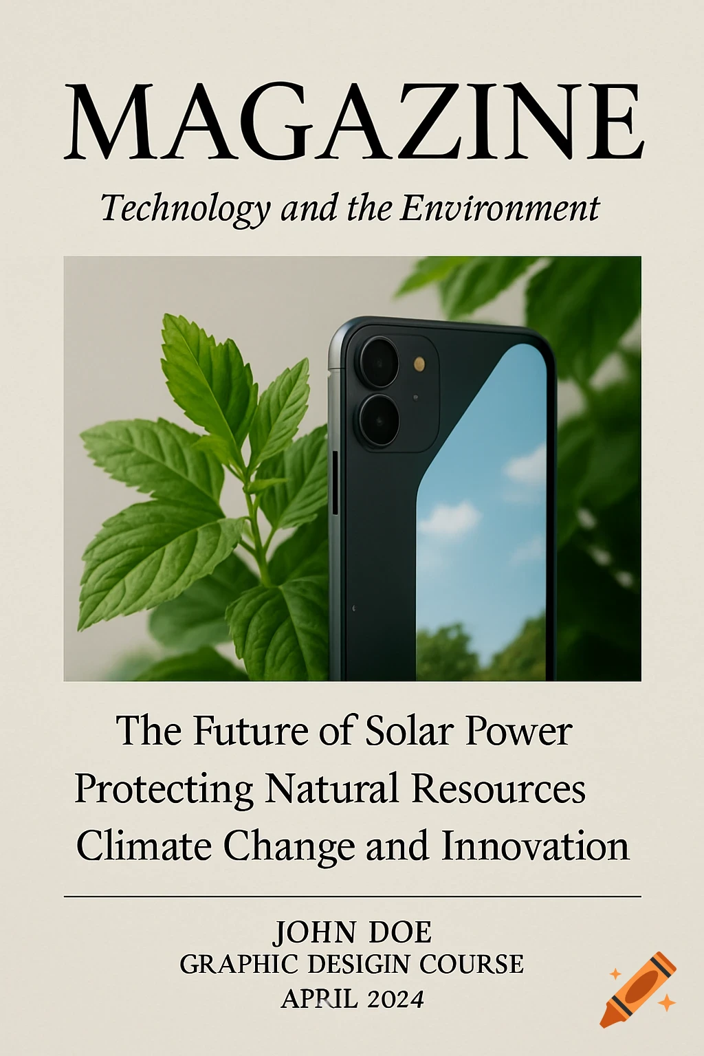Magazine cover titled 'Technology and the Environment' featuring a smartphone reflecting the sky next to a green plant.