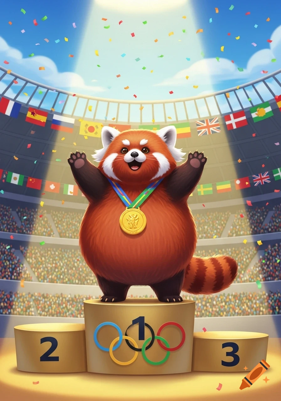 A cute, pudgy red panda with a gold medal stands triumphantly on the number one podium at an Olympic stadium, surrounded by confetti.