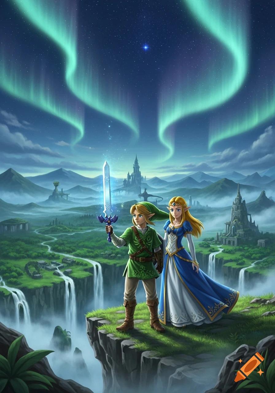 Link holding the Master Sword and Princess Zelda stand on a cliff overlooking a fantastical green landscape with waterfalls, castles, and an aurora borealis in the night sky.