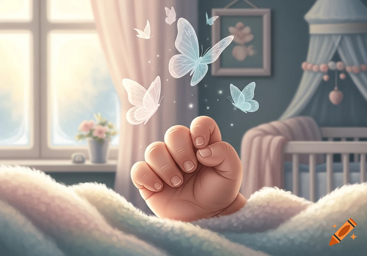A baby's tiny hand emerges from a soft, fluffy blanket, surrounded by ethereal, glowing butterflies in a dreamy nursery.