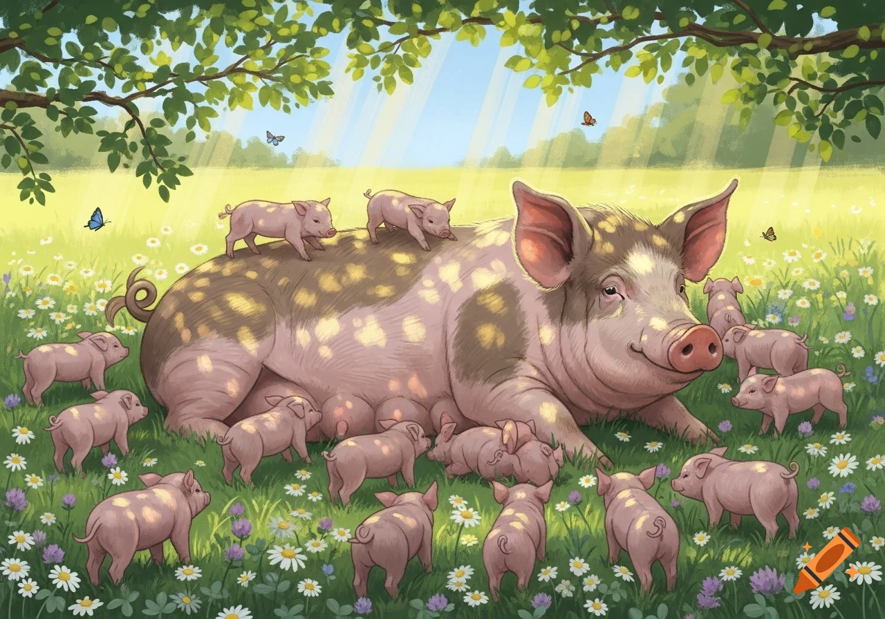 A spotted sow lies in a field of daisies with many pink piglets around her and on her back, under dappled sunlight.