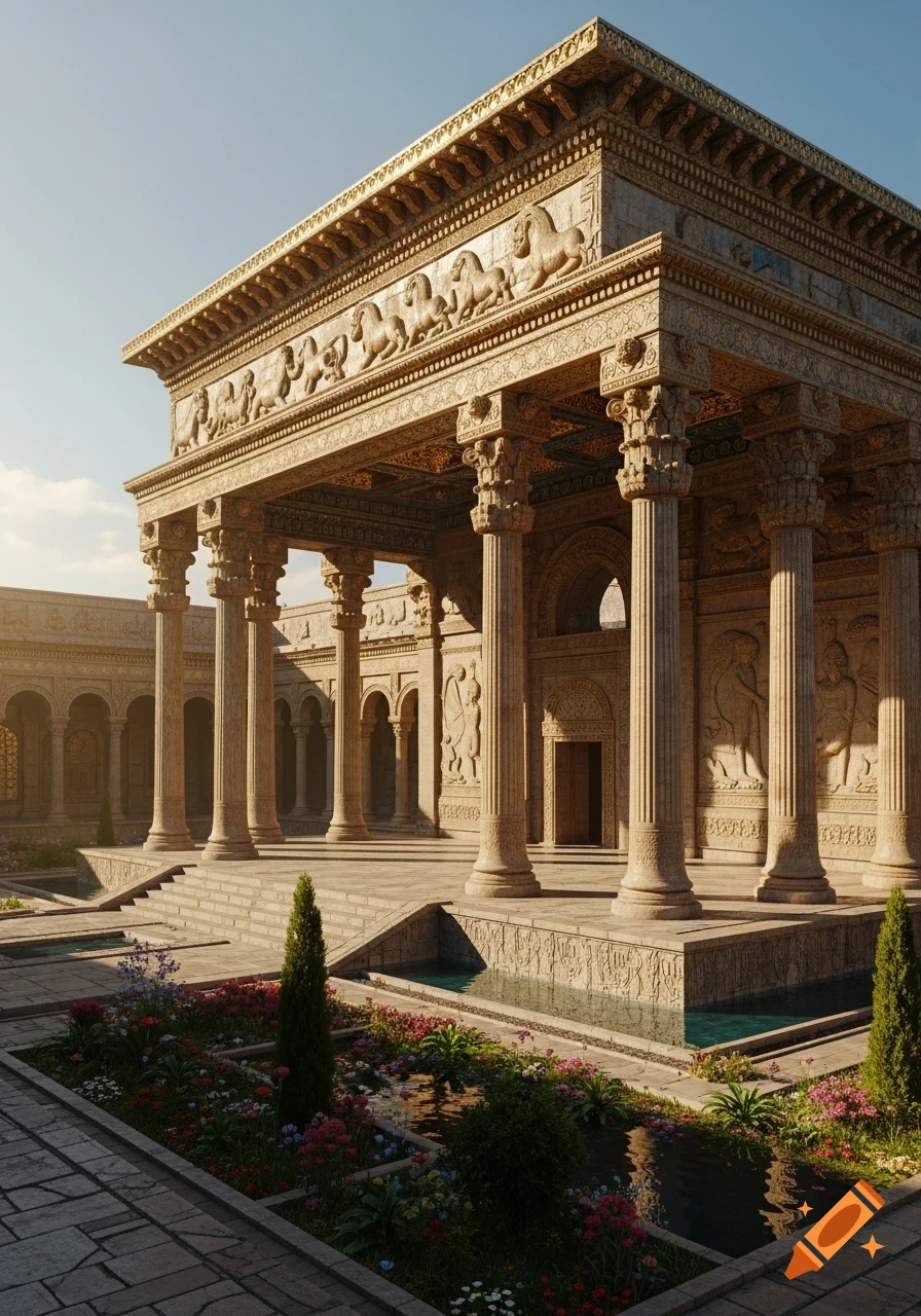A majestic ancient Persian palace with ornate columns, relief carvings, and a formal garden with reflecting pools under a clear sky.