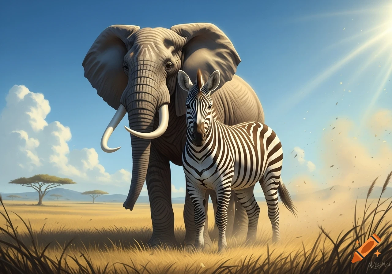 An elephant and a zebra stand side-by-side in a sunlit savannah with scattered trees and tall grasses under a blue sky.