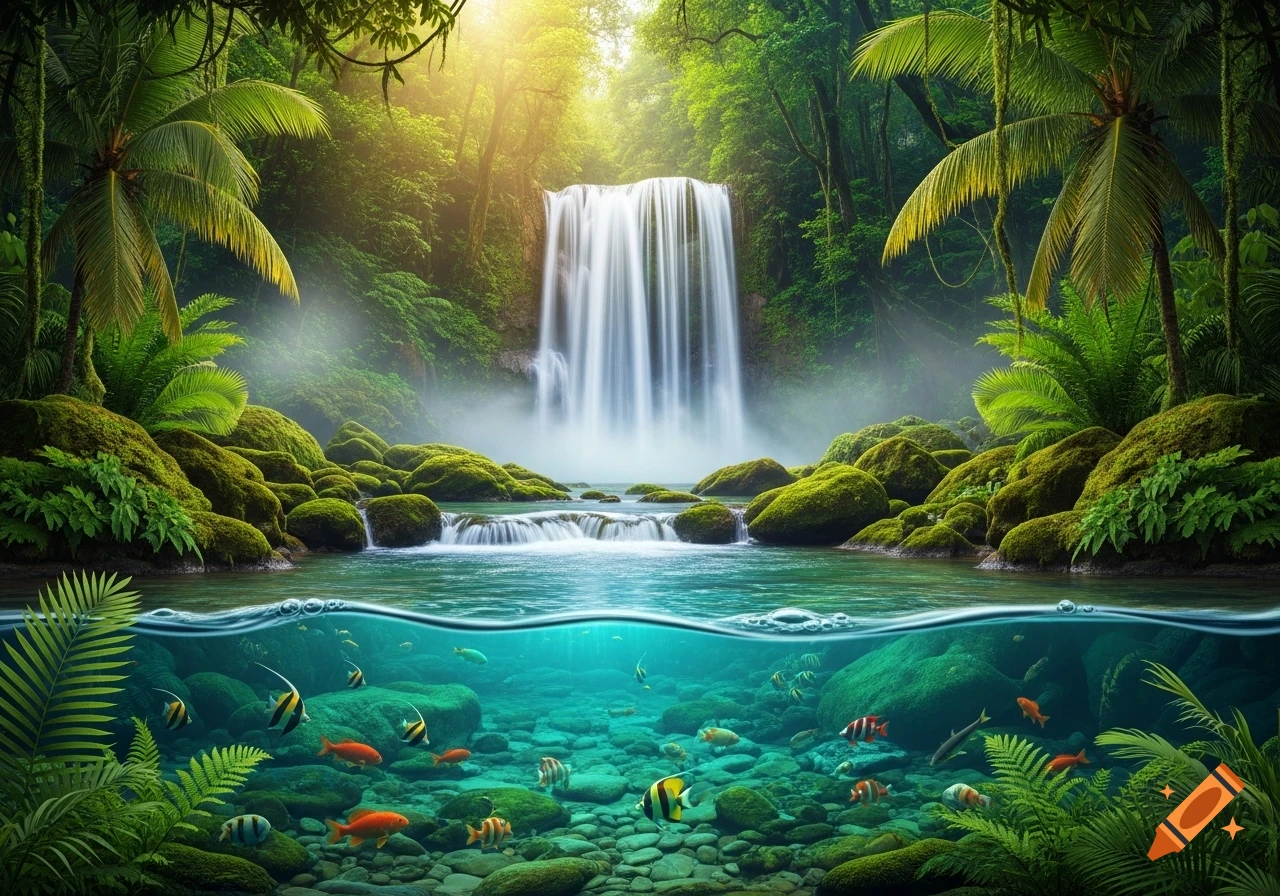 A vibrant split-view image of a lush jungle waterfall flowing into a stream with colorful fish swimming underwater.
