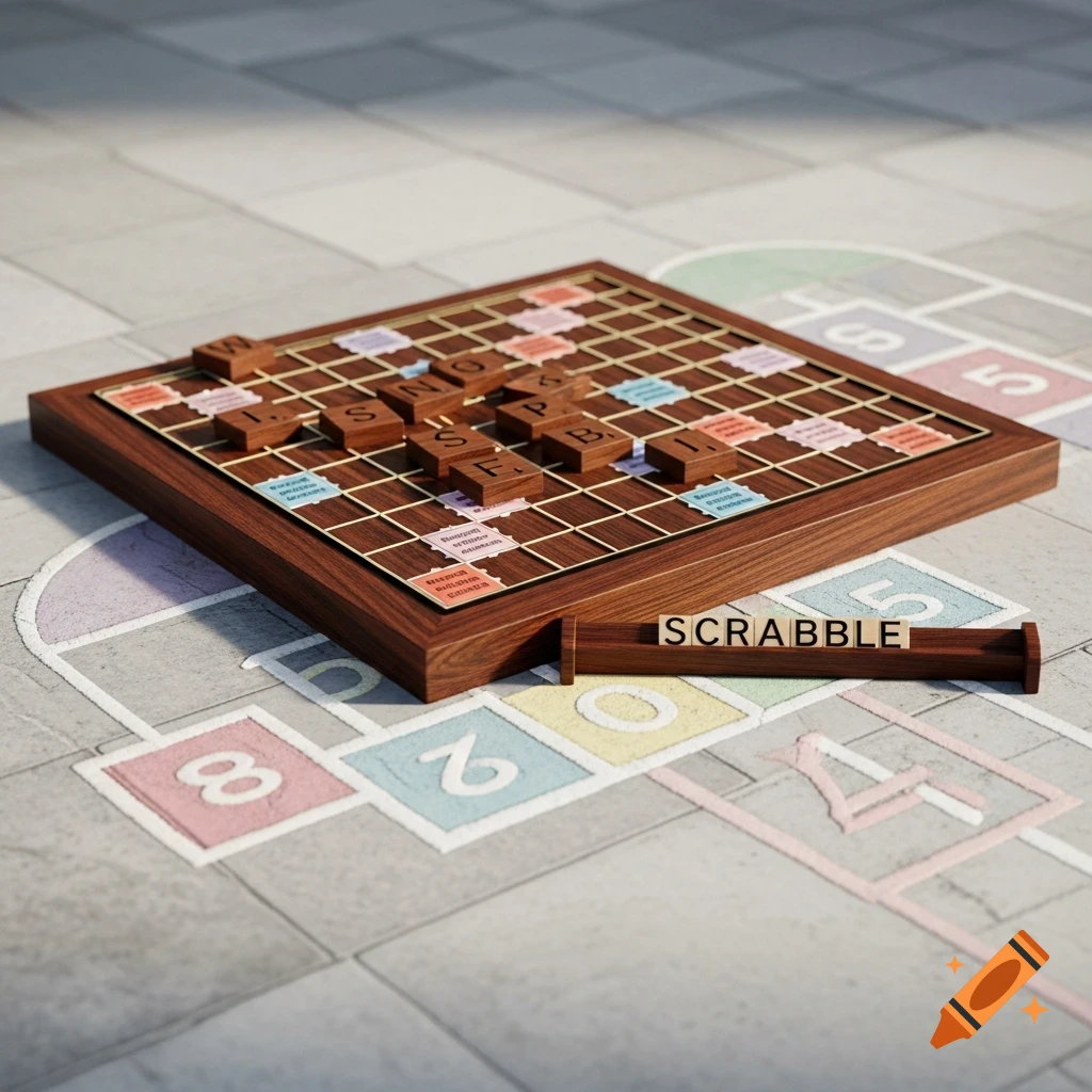 A premium-style Scrabble board with wooden tiles sits on a concrete ground featuring a colorful hopscotch court.