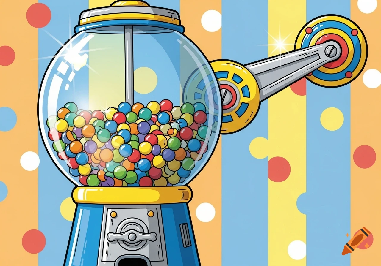 A colorful cartoon gumball machine with a mechanical arm lever, filled with various colored gumballs, against a striped and polka-dotted background.