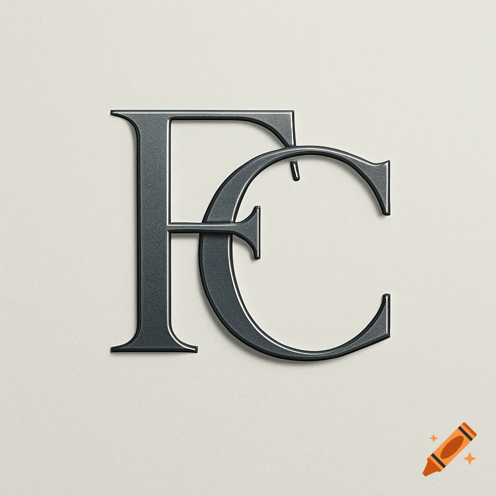 Metallic, dark gray intertwined letters F and C forming a monogram logo on a light beige background.