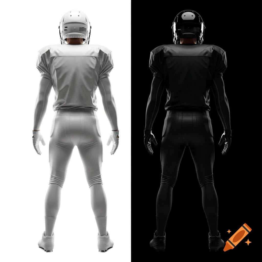 Rear view of two photorealistic American football players, one in white uniform on white background, one in black on black background.