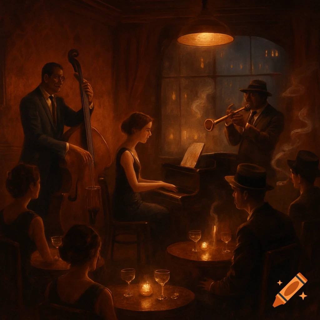 A dimly lit painting of a jazz club with a band playing a double bass, piano, and trumpet for patrons seated at candlelit tables.