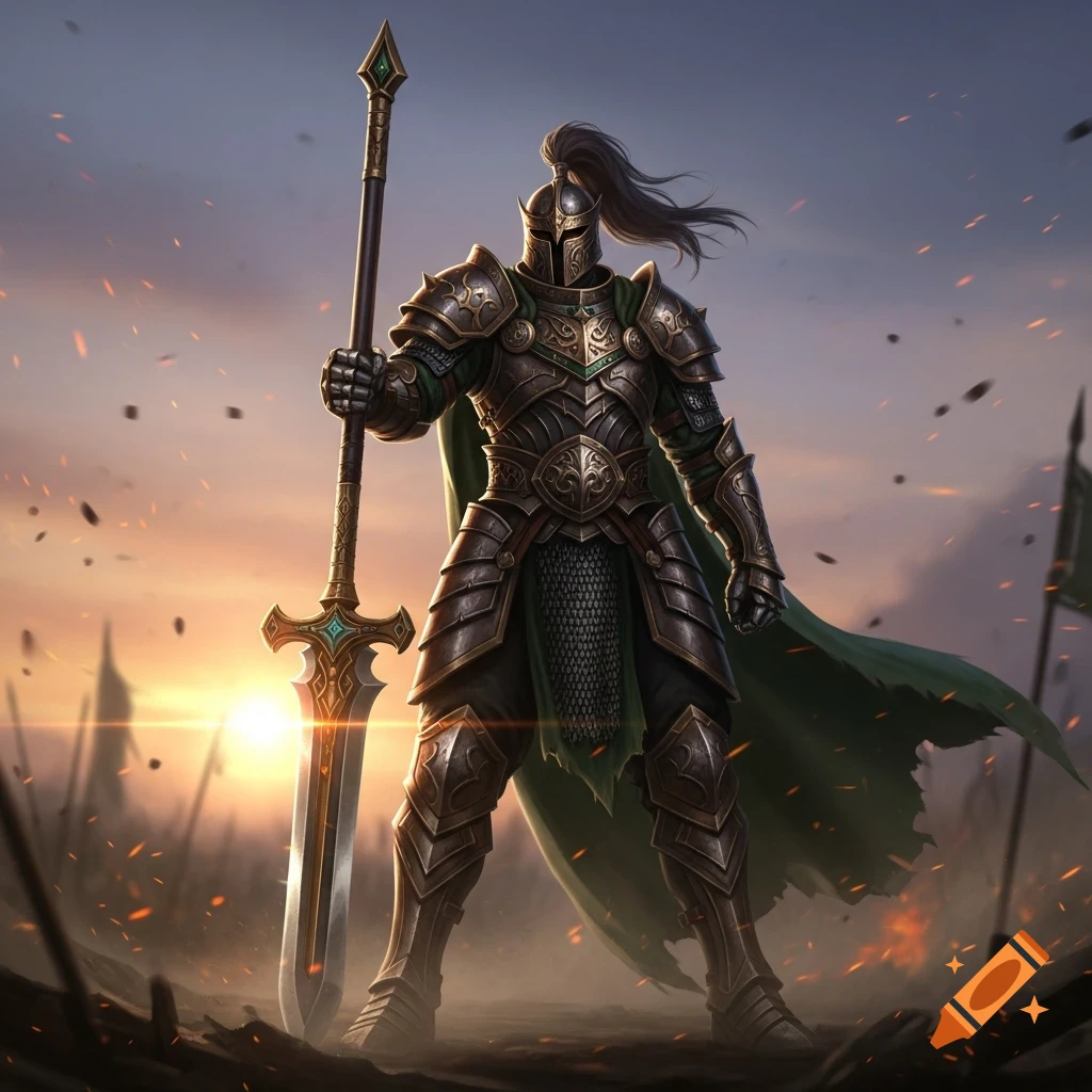 A fully armored fantasy warrior stands heroically holding a large polearm weapon, silhouetted against a dramatic sunset battlefield.