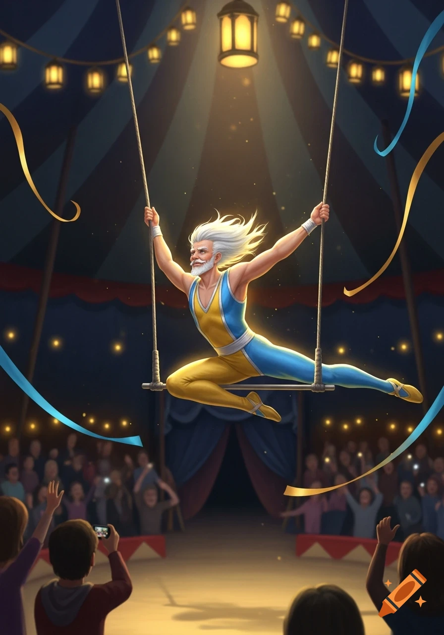 An old man in a blue and yellow leotard swings on a trapeze in a spotlight under a circus tent, watched by an audience. Digital illustration.