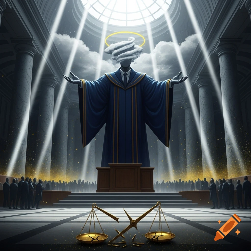 A large robed figure with a cloud for a head and a halo stands in a grand court, illuminated by light, with broken scales of justice in the foreground.