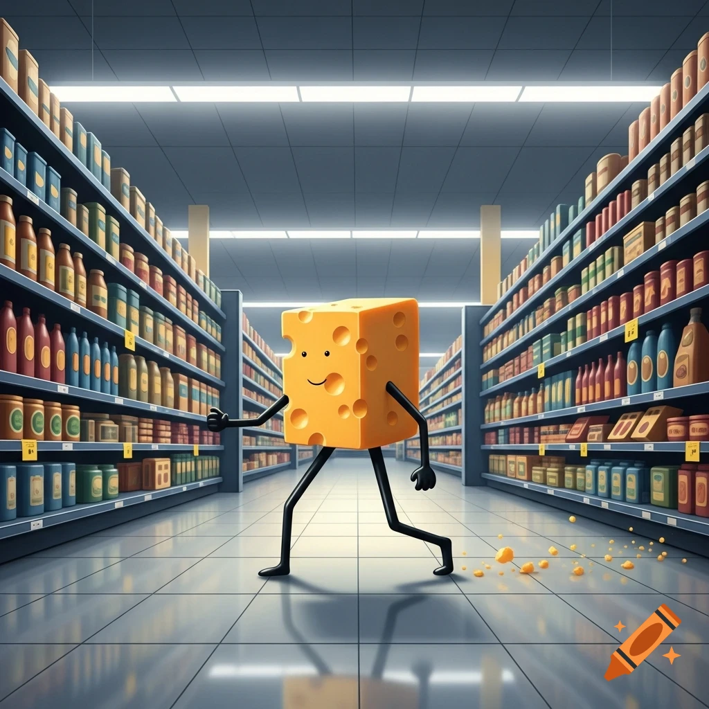 A smiling cartoon block of Swiss cheese with black stick arms and legs walks through a grocery store aisle, leaving a trail of crumbles.