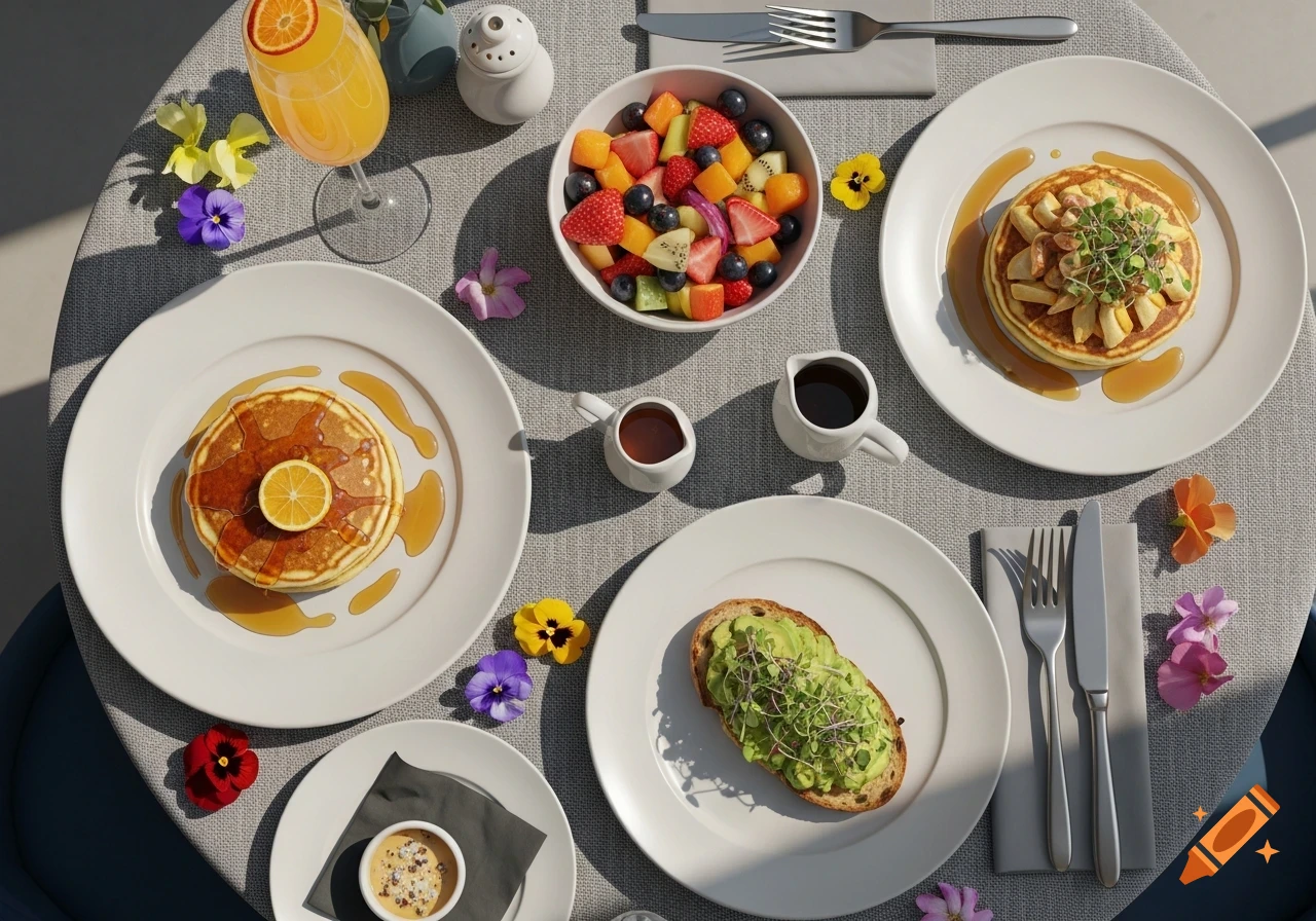 Overhead view of a brunch table with pancakes, fruit salad, avocado toast, an orange drink, and flowers.