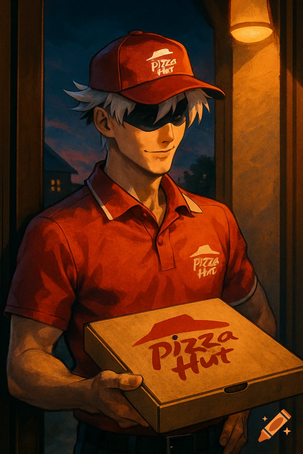 Anime style illustration of Satoru Gojo as a pizza delivery man, wearing a red uniform with 'Pizza Hat' logos and holding a Pizza Hut pizza box.