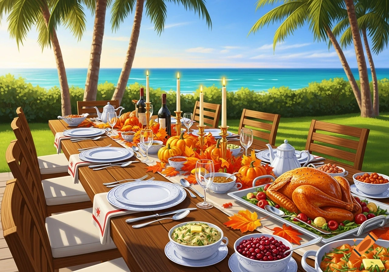 A Thanksgiving dinner table laden with roasted turkey and festive dishes, set outdoors on a tropical beach with palm trees and the ocean.