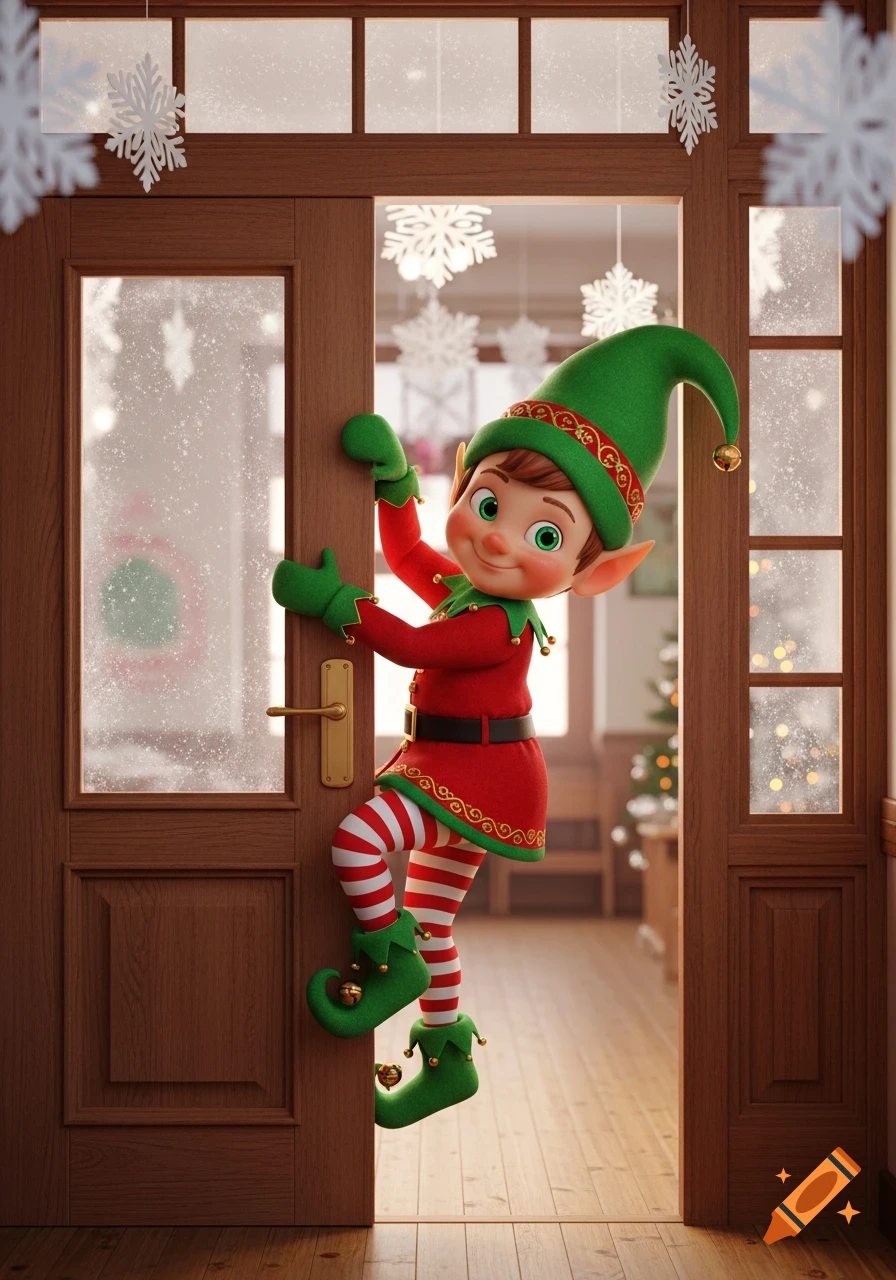 A cheerful 3D animated Christmas elf with a green hat and red and white striped tights hangs playfully on a wooden door, with snowflakes and a Christmas tree in the background.