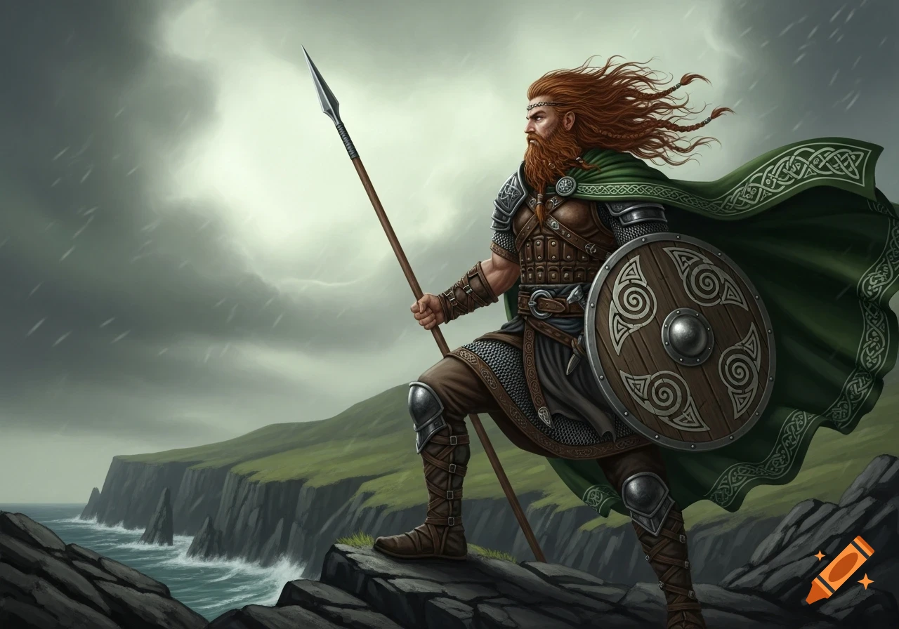 A fierce Celtic warrior with a red beard and green cape stands on a rocky cliff holding a spear and shield, under a stormy sky.