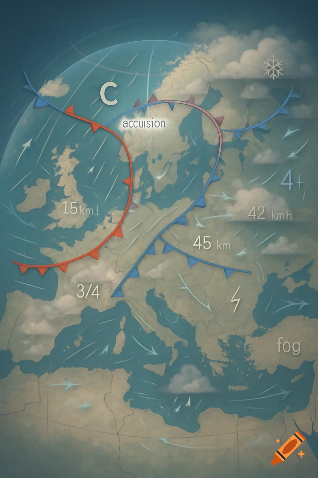 A stylized weather map of Europe showing warm and cold fronts, wind directions and speeds, cloud cover, and symbols for snow, thunderstorms, and fog.