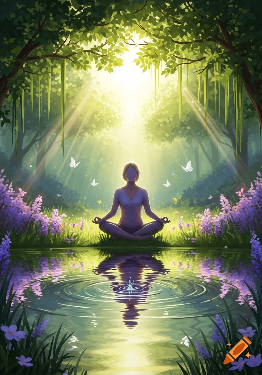 A faceless person meditates in lotus pose by a pond in a sunlit forest, with purple flowers and butterflies, vibrant illustration.
