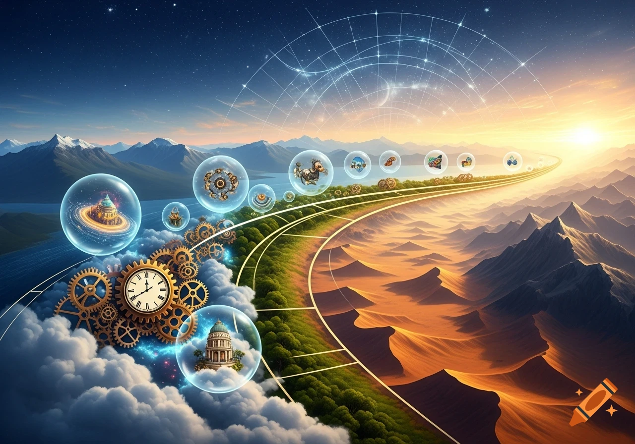 A winding path through a fantastical landscape, with gears and clocks on clouds, and bubbles showing various scenes under a starry sky.