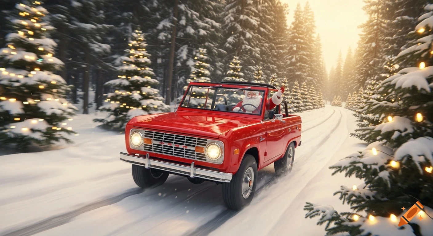 Santa Claus drives a red vintage Ford Bronco down a snowy forest road lined with glowing Christmas trees in a festive, photorealistic winter scene.