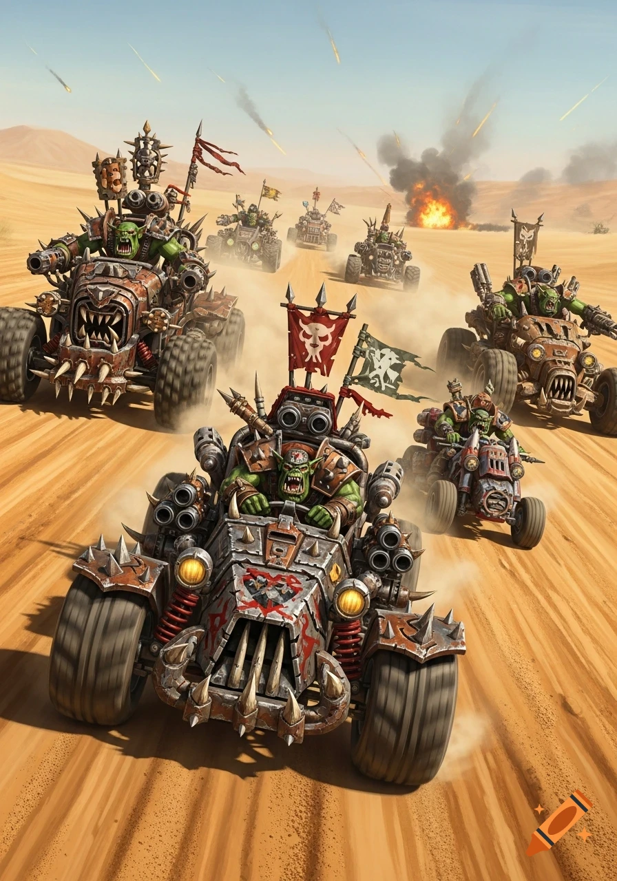 A convoy of Warhammer 40k Orks in heavily armored, spiked desert vehicles races across a sandy desert under a sky with falling meteors and explosions.