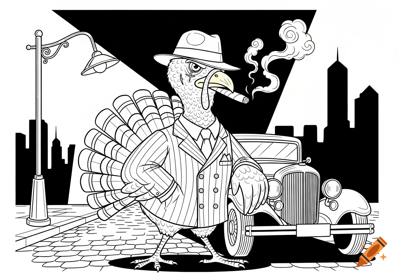 Black and white line art of a gangster turkey in a pinstripe suit and fedora, smoking a cigar, leaning on a vintage car on a city street.