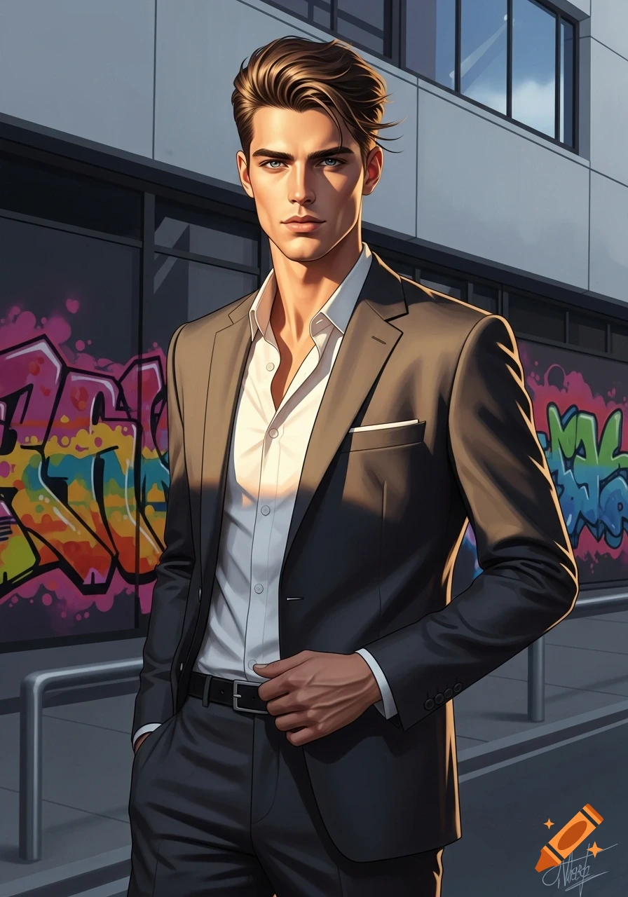 A stylish man in a suit jacket and white shirt stands confidently against a graffiti-covered wall, rendered in an illustrative style.