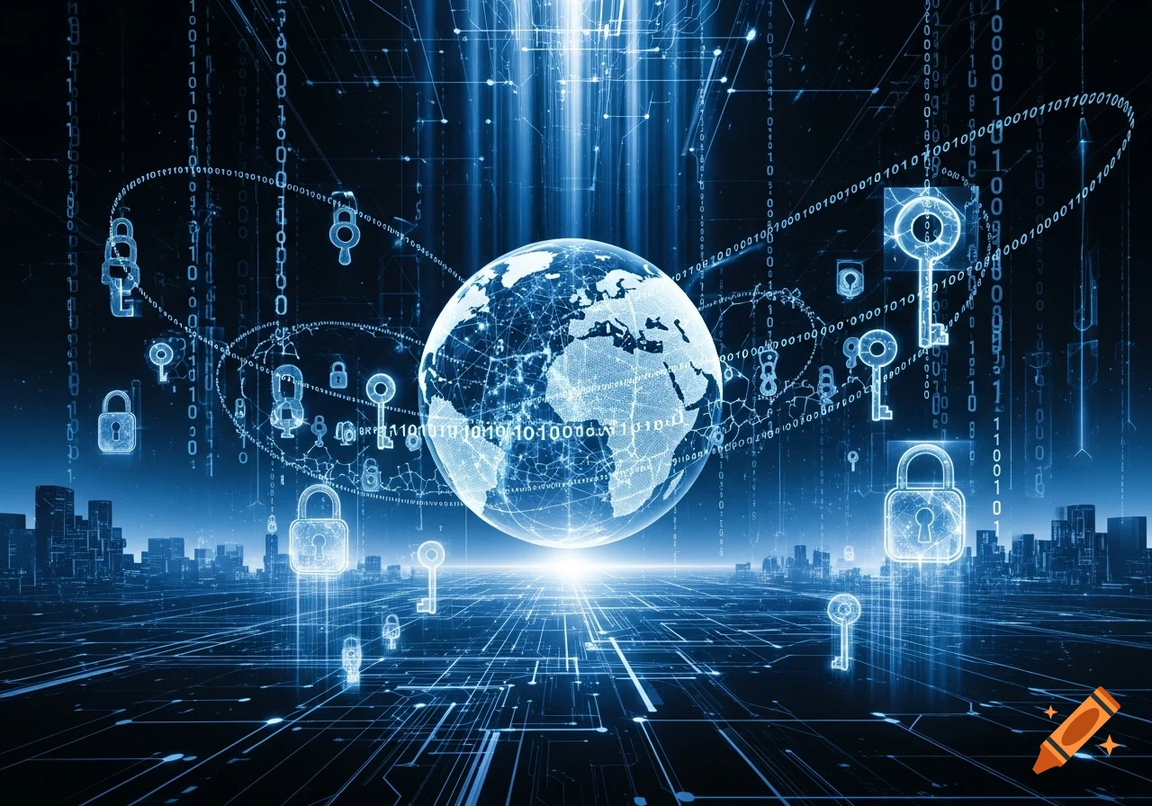 A glowing blue digital earth surrounded by binary code, locks, and keys, floating above a futuristic city skyline with circuit board patterns. Represents cybersecurity and global data.
