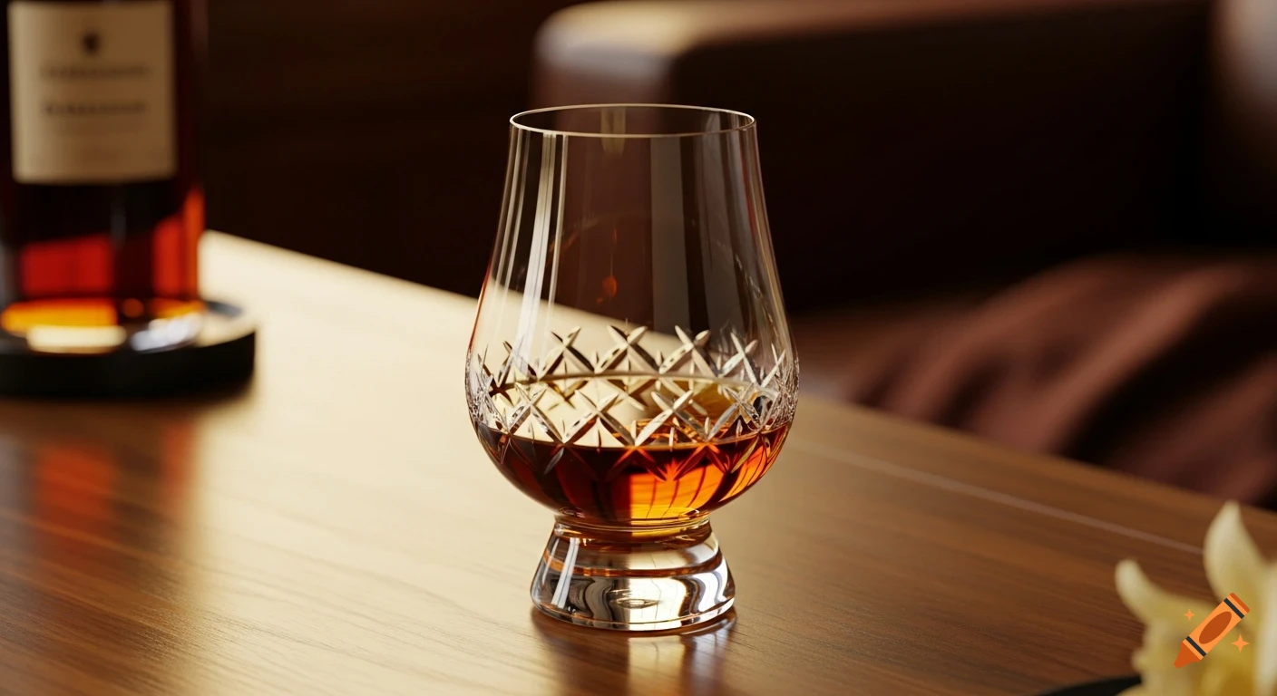 A photorealistic image of a cut crystal glass filled with amber liquid on a polished wooden table. A blurred bottle is in the background.