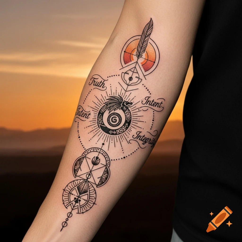 A detailed forearm tattoo featuring a feathered peace symbol, an Ouroboros, geometric patterns, and words 'Truth', 'Intent', 'Integrity', against a sunset backdrop.
