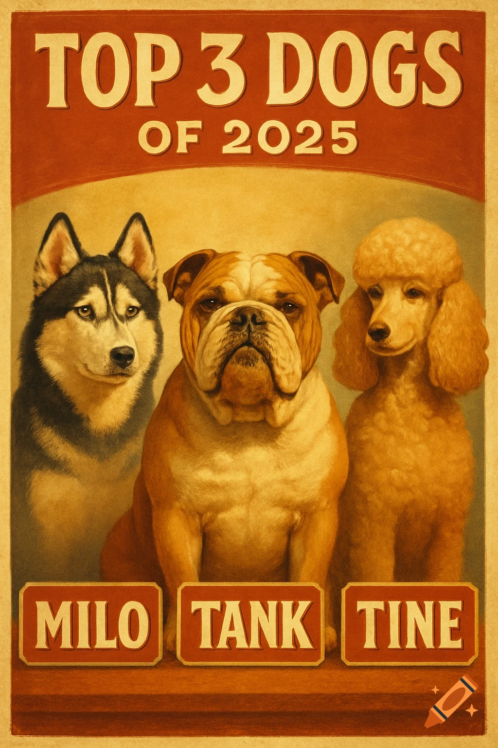 A vintage-style poster features a husky, bulldog, and poodle, labeled "Milo," "Tank," and "Tine," under "Top 3 Dogs of 2025."