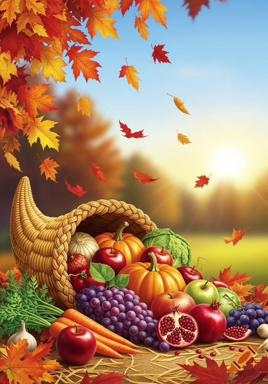 A Thanksgiving cornucopia overflowing with pumpkins, apples, grapes, and other produce, surrounded by colorful autumn leaves under a sunny sky.