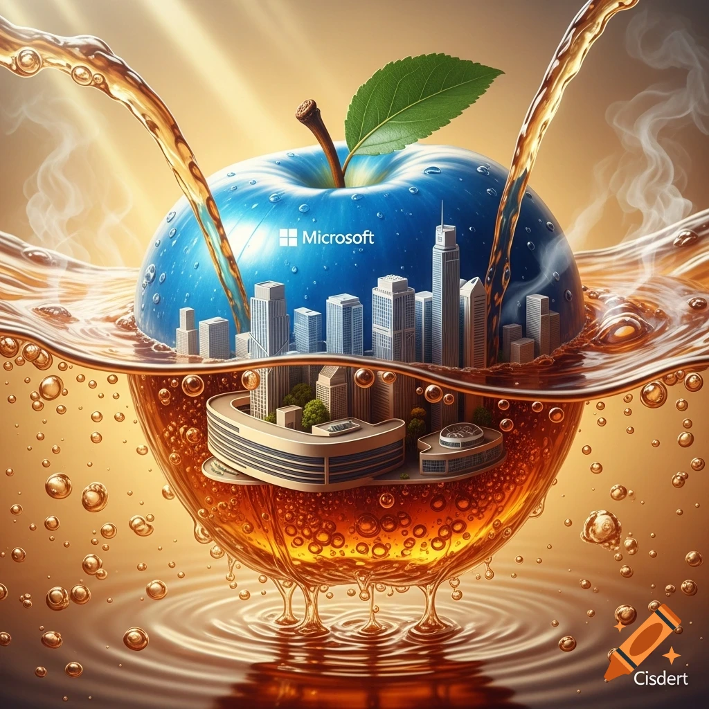 A blue apple with a cityscape inside and Microsoft logo, half-submerged in golden bubbling liquid.