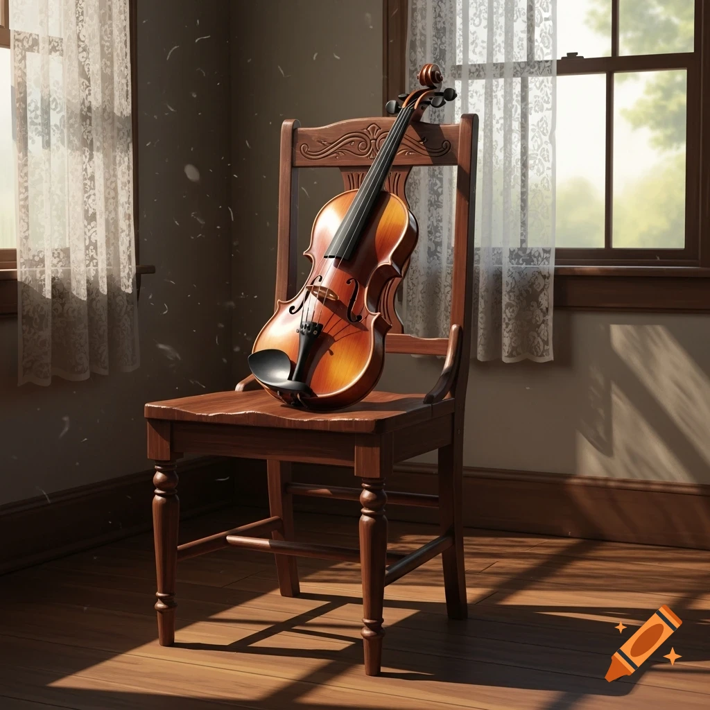 A brown violin rests on a wooden chair in a sunlit room with white lace curtains.