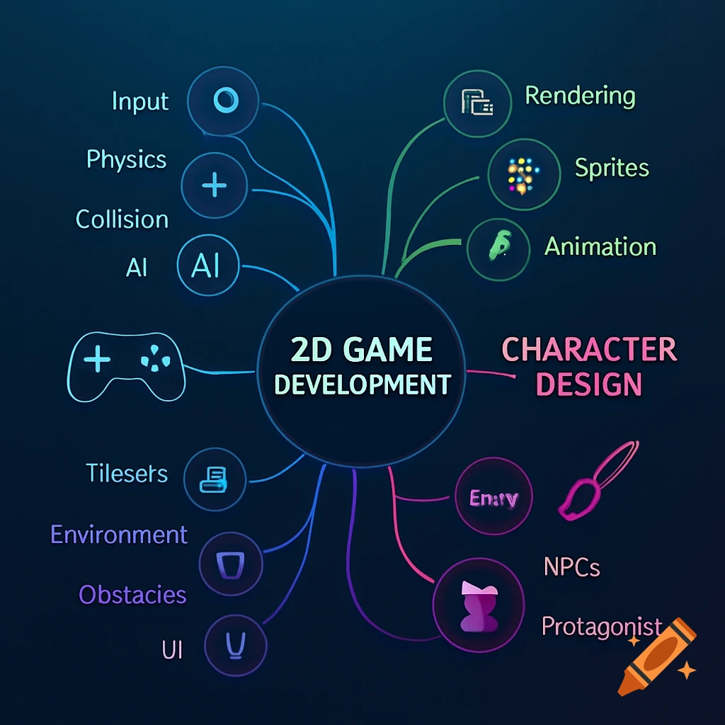 A mind map illustrating aspects of 2D game development, including input, physics, rendering, character design, and environment, against a dark blue background.