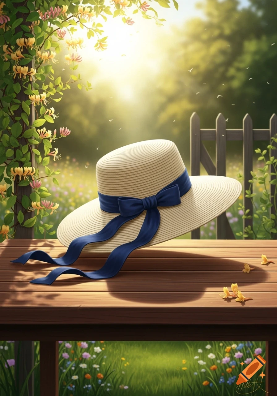 A straw hat with a blue ribbon sits on a wooden table in a sun-drenched garden with flowering vines and wildflowers.