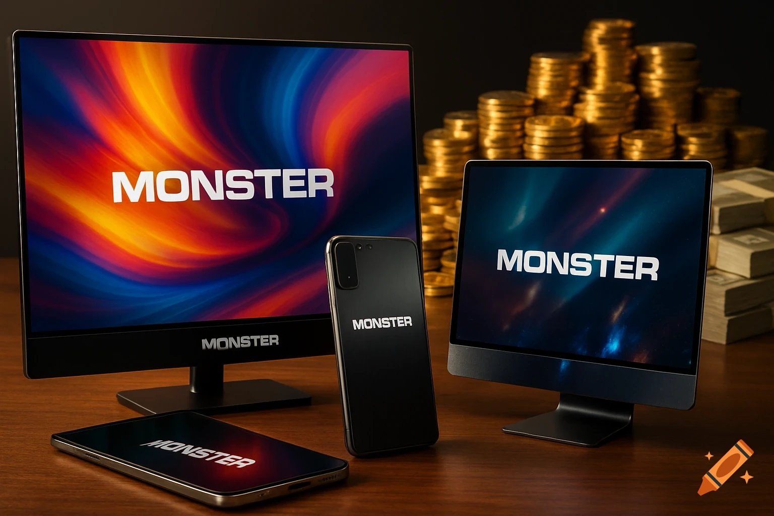MONSTER branded monitor, TV, and two cellphones on a table, with piles of gold coins and cash in the background.