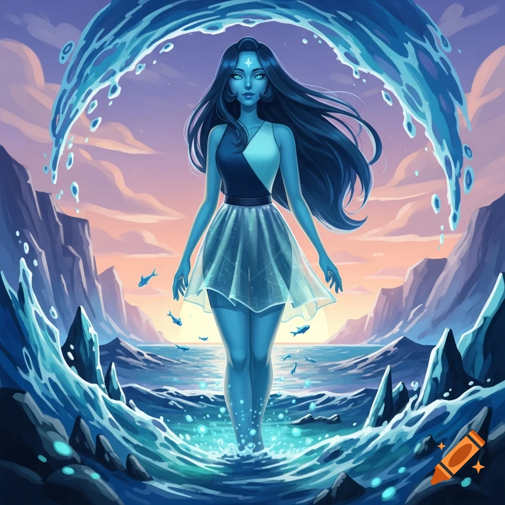 Stylized Lapis Lazuli, a blue-skinned character, stands in a water-filled cove with a large water ring around her and a sunset sky.