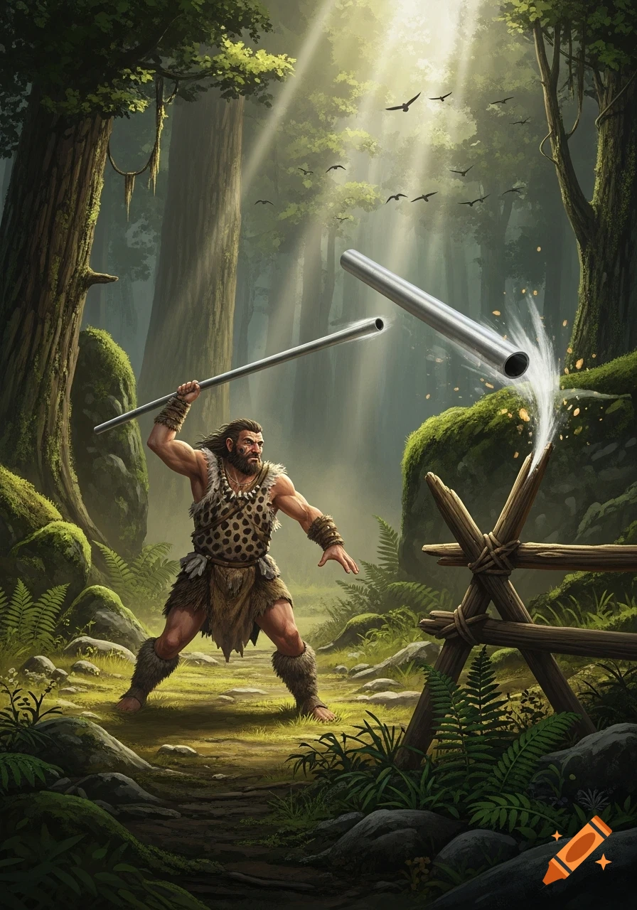 A muscular caveman in a fur outfit throws a long steel pipe towards a wooden fence in a lush, sunlit forest.