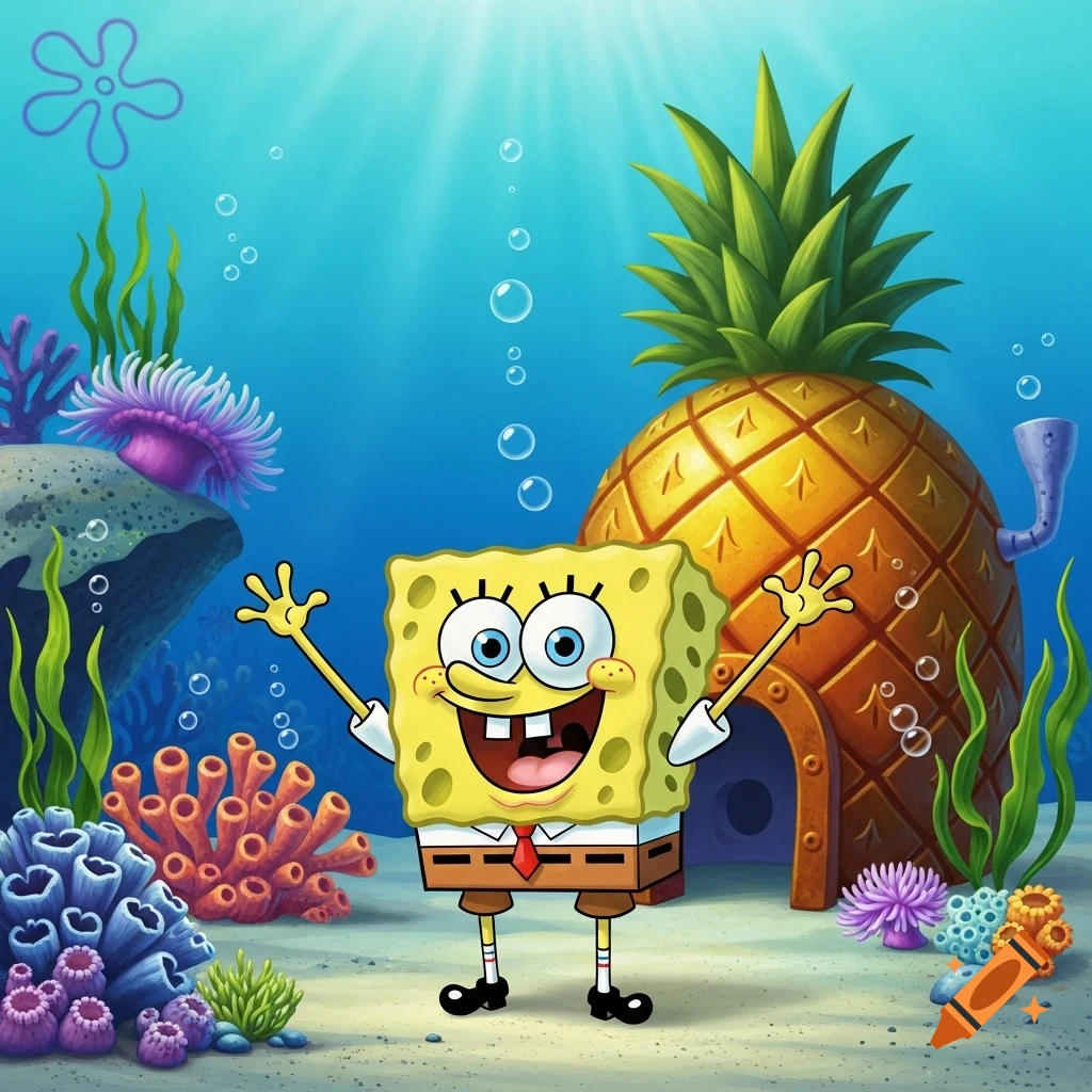 Spongebob Squarepants stands smiling underwater with his arms up, his pineapple house and coral in the background.