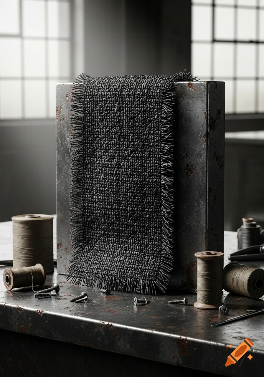 A photorealistic still life featuring a dark woven textile, spools of thread, screws, and a rusted metal block on an industrial surface.
