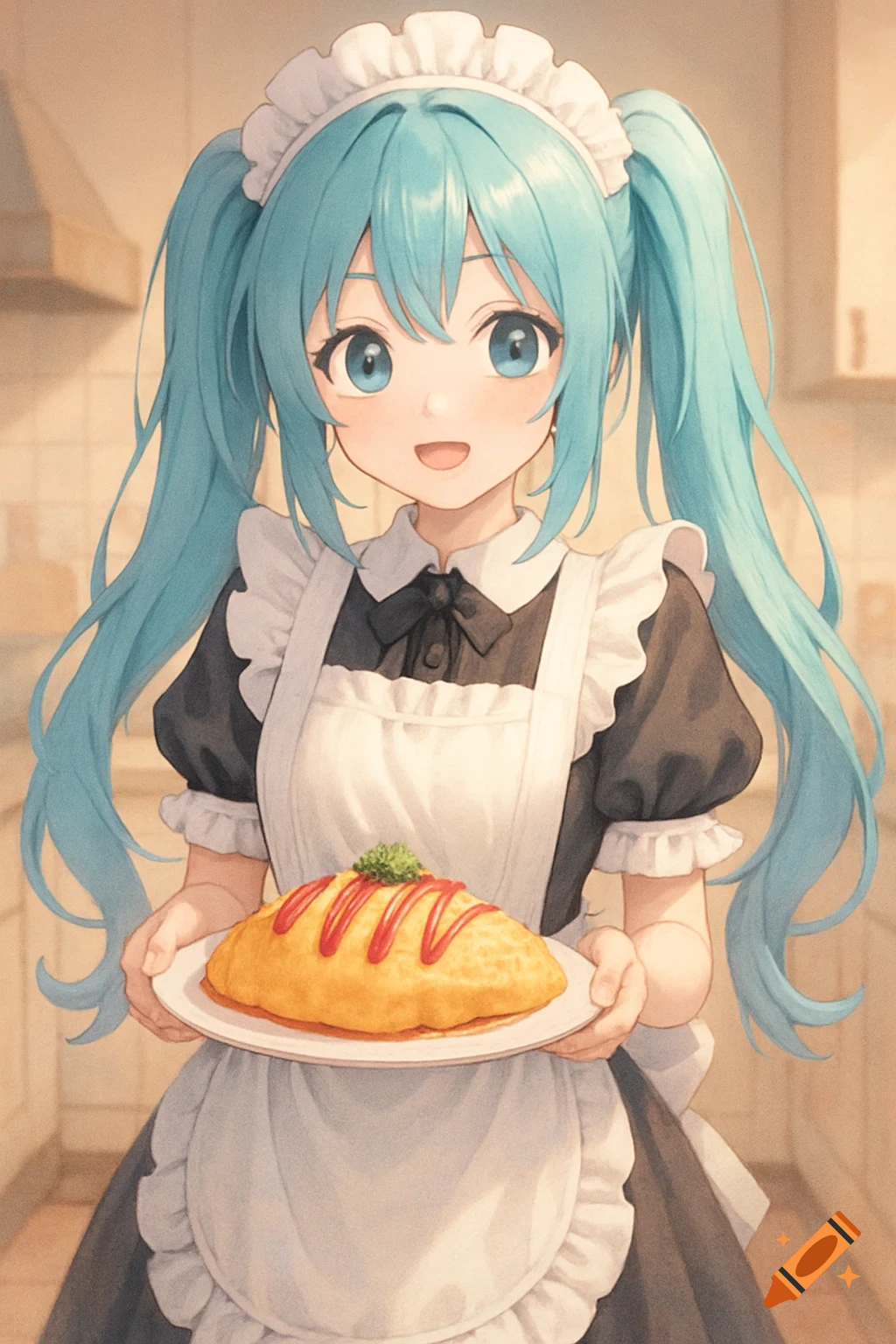 A cute anime girl with blue twin tails and a maid outfit smiles while holding a plate of omurice topped with ketchup.