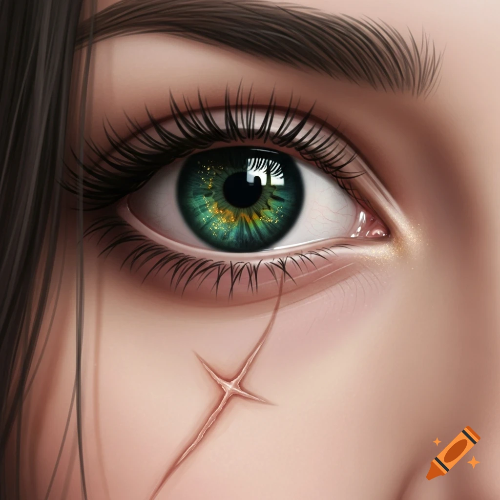 Close-up digital art of a human eye with a green and gold iris, long lashes, and a stylized scar on the cheek below.
