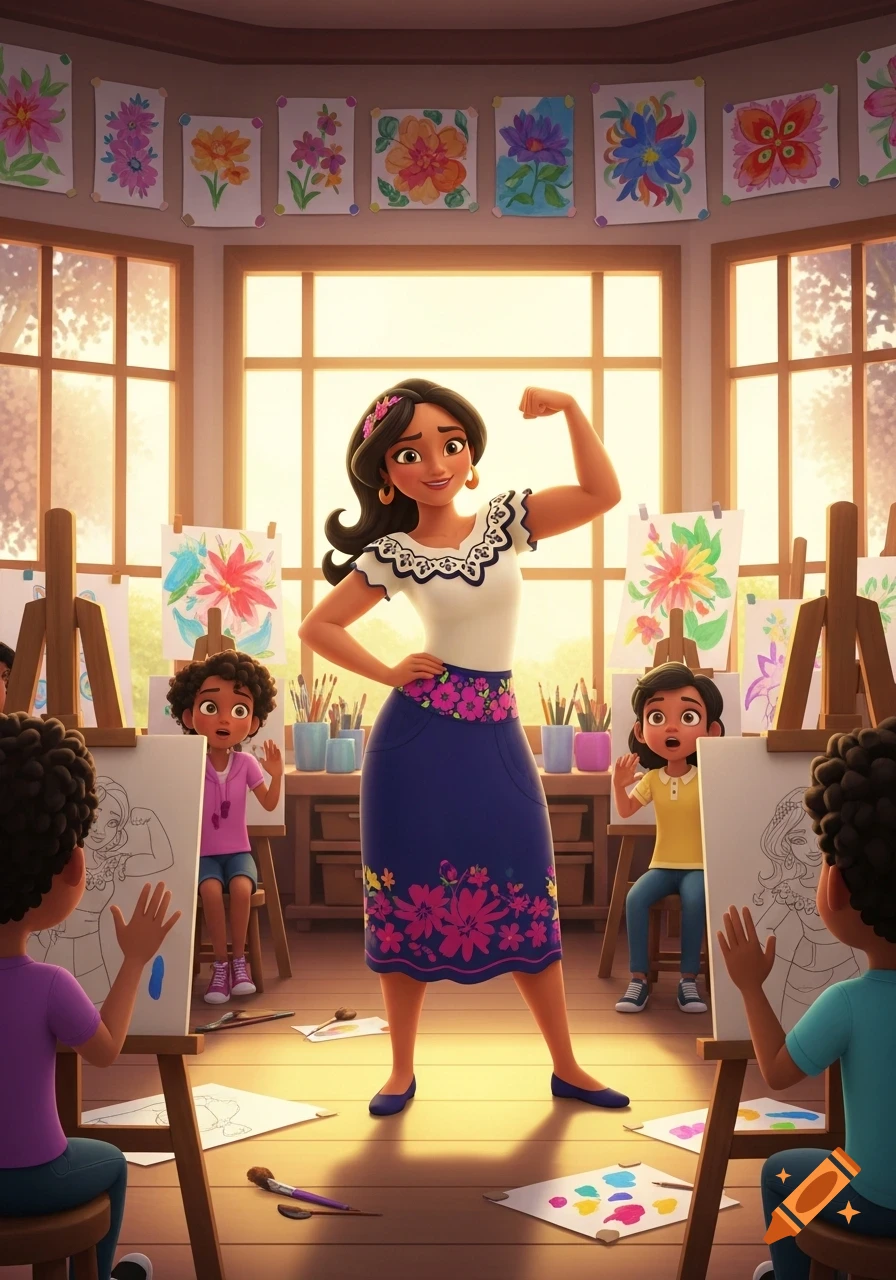 A cartoon art teacher with dark hair and a floral skirt flexes her bicep in a bright art classroom while children paint at easels.