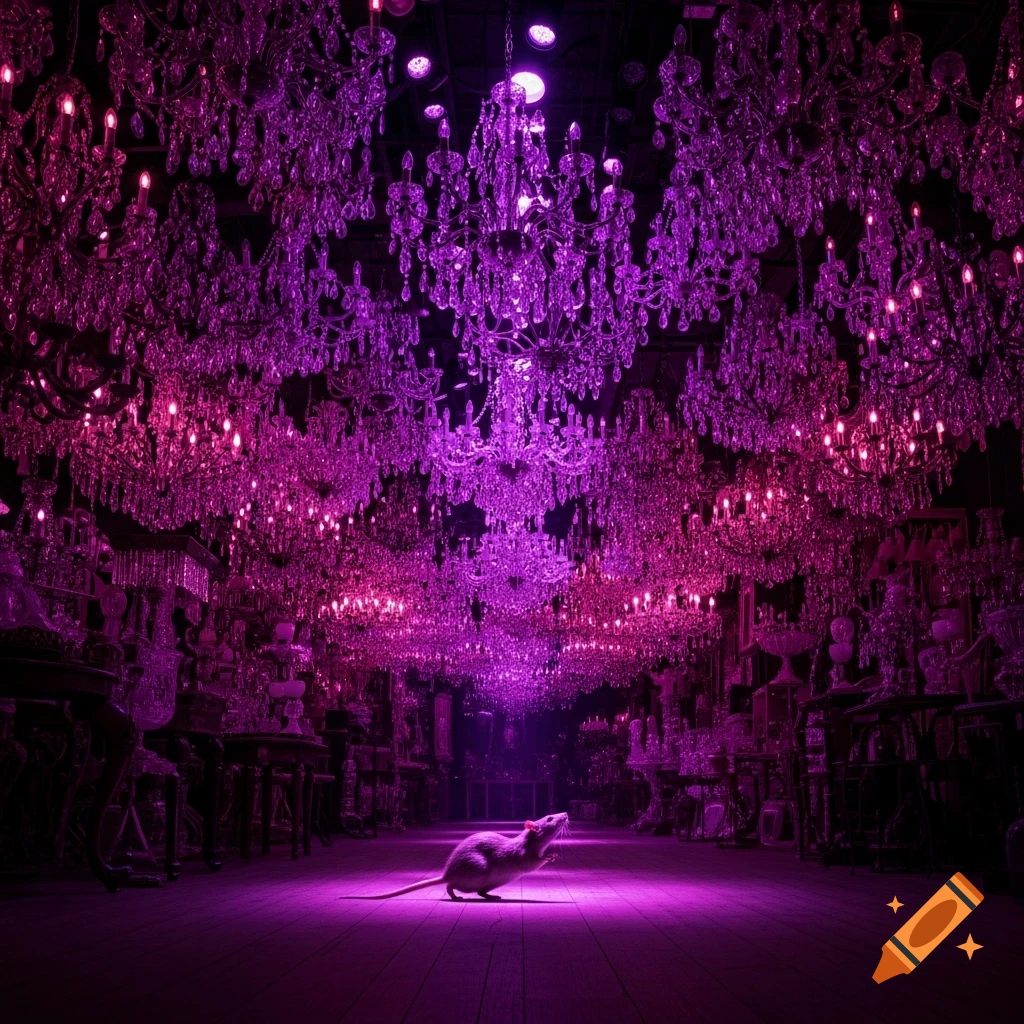 A photorealistic rat on a wooden floor looks up at hundreds of sparkling purple and pink crystal chandeliers in a shop at night.