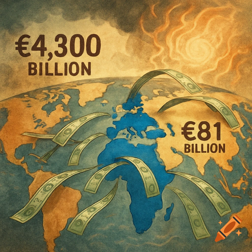 Stylized world map with money bills flowing. Text displays '€4,300 BILLION' and '€81 BILLION'.
