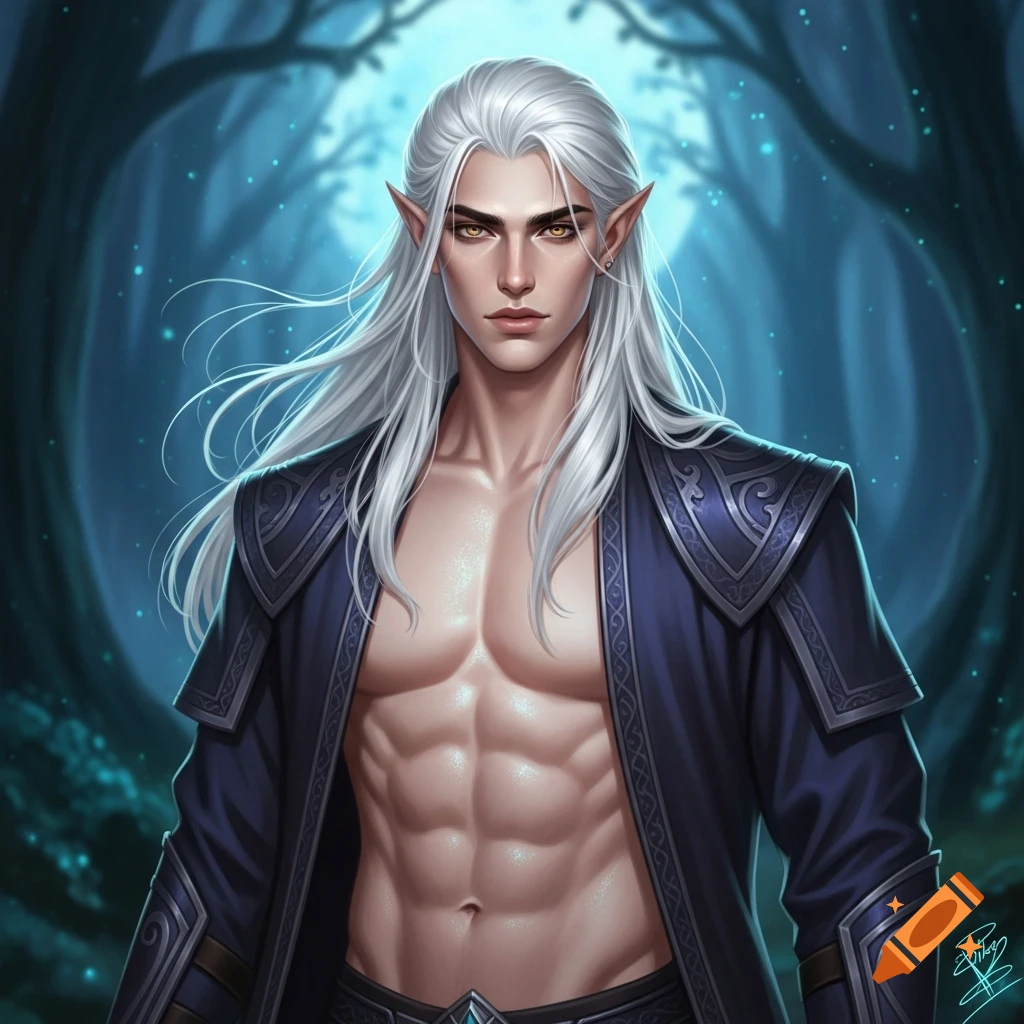 Male elf with long white hair, golden eyes, and an athletic build in an enchanted blue forest.