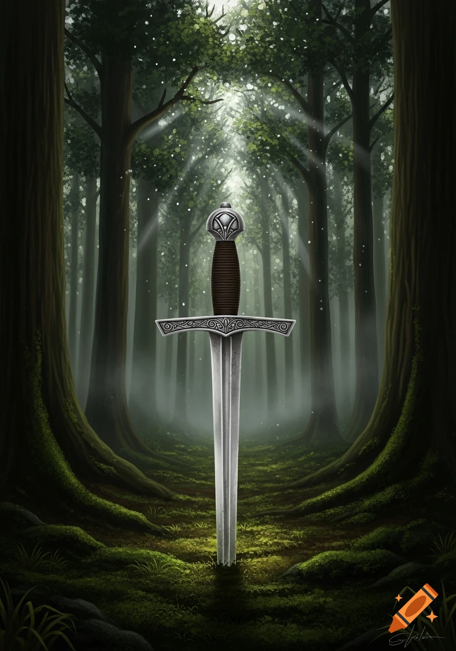 A detailed illustration of an ornate sword plunged into mossy ground in ...